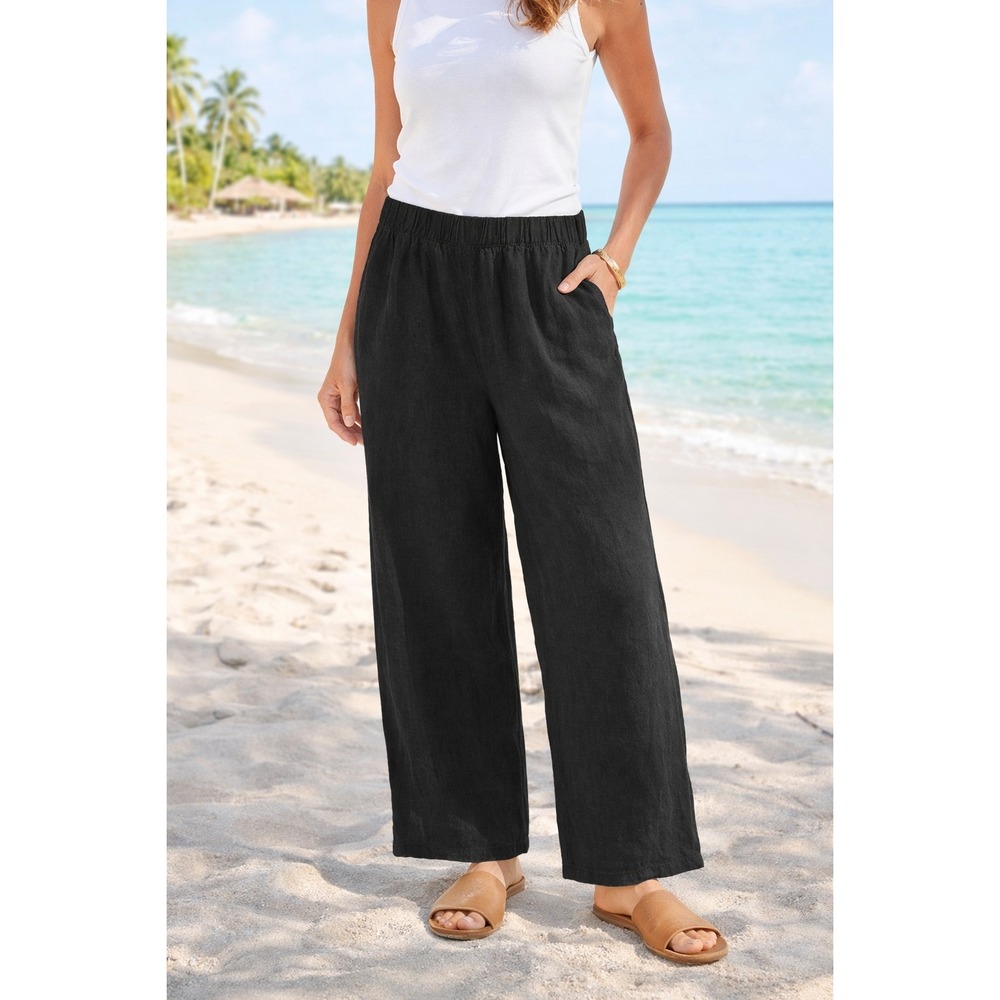 Croft & Barrow Linen Blend Pants Women's Large Black Elastic Waist Wide Leg Casu